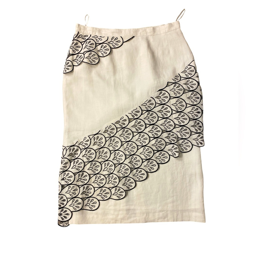 J.Song Collection Linen Skirt 16 White Black Embroidered Cutwork Floral Midi Y2K